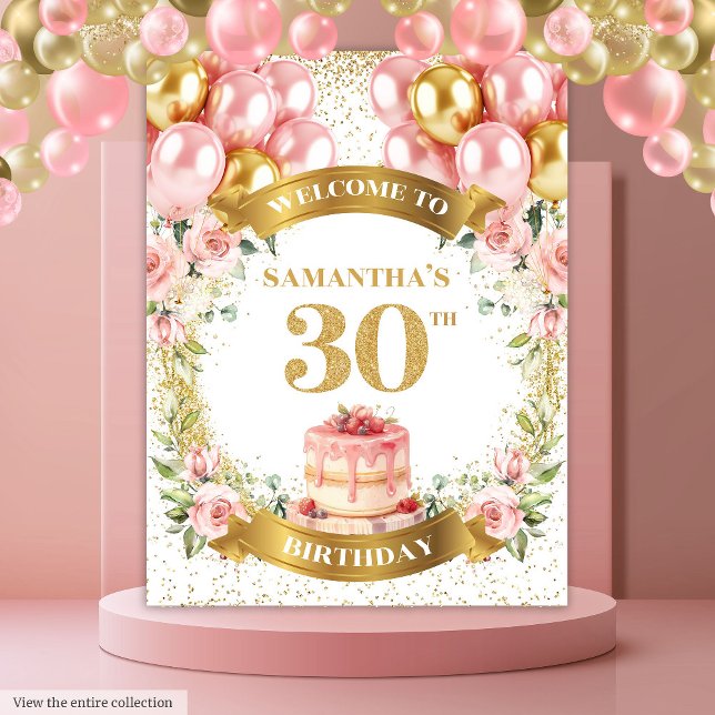 Charming 30th Birthday Blush Gold Birthday Banner Tapestry (Charming 30th Birthday Blush Gold Birthday Banner)