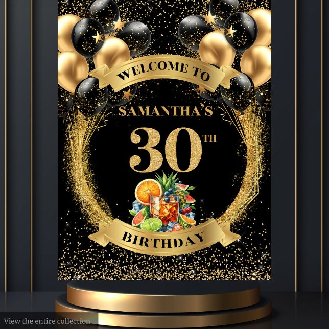 Charming 30th Birthday Whiskey Cocktail Banner Tapestry (Charming 30th Birthday Whiskey Cocktail Banner)