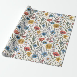 Charming Abstract Wildflowers Blue Pink Yellow Wrapping Paper