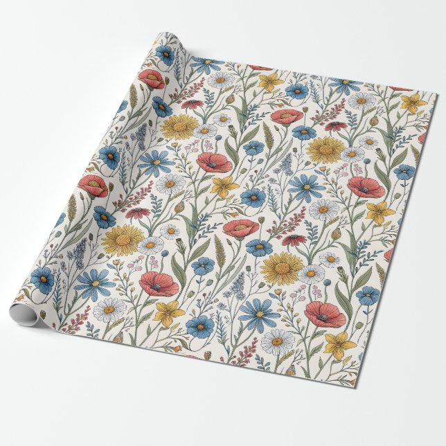 Charming Abstract Wildflowers Blue Pink Yellow Wrapping Paper (Unrolled)