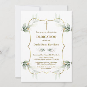 Charming Airy Greenery Gold Cross Dedication  Invitation