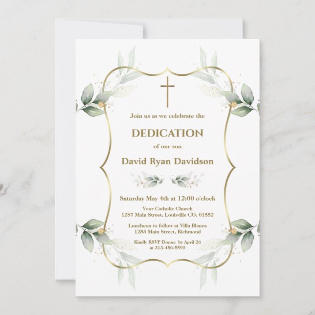 Charming Airy Greenery Gold Cross Dedication  Invitation (Front)