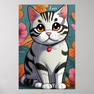 Charming American Shorthair Cat Floral Art Poster