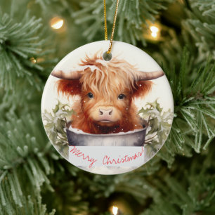 Charming and Cute Christmas Highland Cow Ceramic Tree Decoration