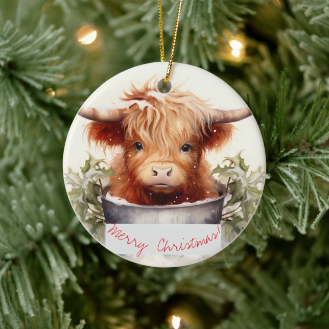 Charming and Cute Christmas Highland Cow Ceramic Tree Decoration (Tree)