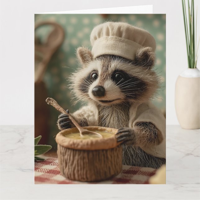 Charming and Cute Raccoon Chef Stirring a Bowl Card (Front)