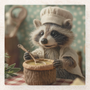 Charming and Cute Raccoon Chef Stirring a Bowl Glass Coaster