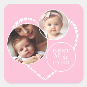 Charming and Elegant 3-Photo Pink and White Heart Square Sticker
