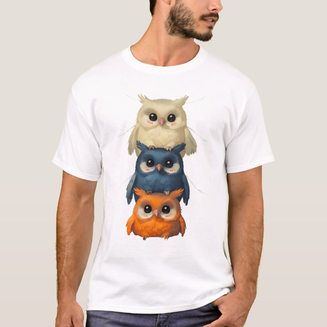 Charming Anime-Style Owls Stacked T-Shirt (Front)