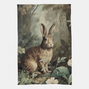 Charming Antique Hare in Lush Forest  Tea Towel