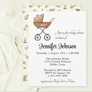 Charming Antique Wicker Buggy Boho Baby Shower Invitation