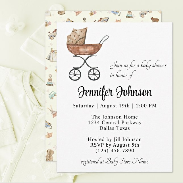 Charming Antique Wicker Buggy Boho Baby Shower Invitation (Creator Uploaded)