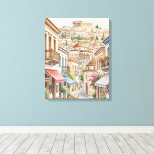 Charming Athens Greece Street Watercolor Canvas Print