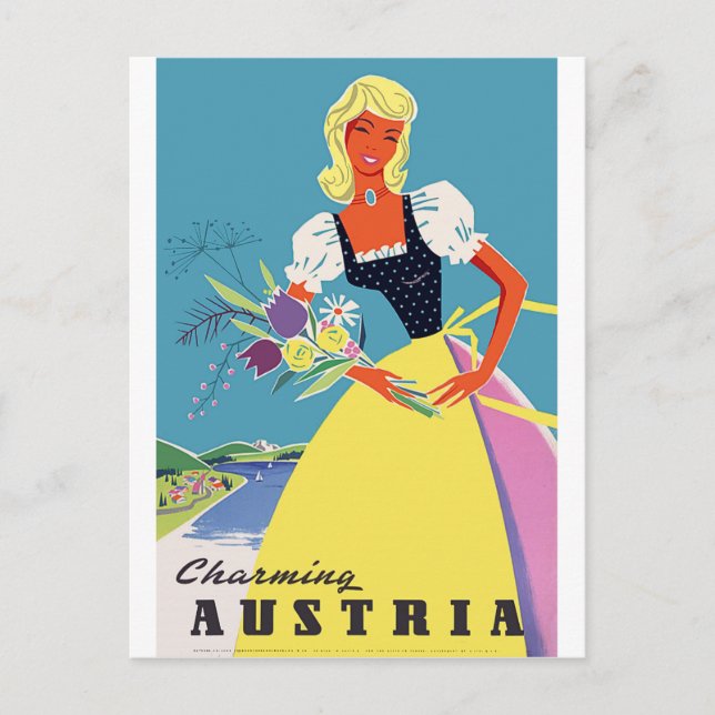 Charming Austria, woman with flowers, illustration Postcard (Front)