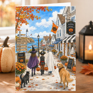 Charming Autumn Coastal Town Happy Halloween Card