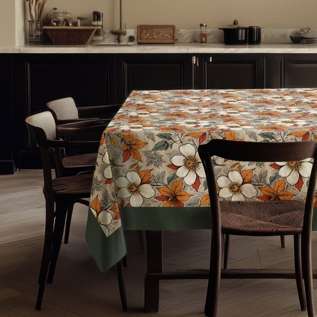 Charming autumn terracotta white flowers sage tablecloth (Charming autumn terracotta white flowers sage tablecloth)
