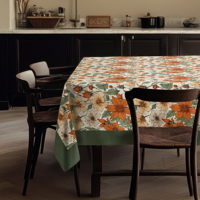 Charming autumn terracotta white flowers sage tablecloth (Charming autumn terracotta white flowers sage tablecloth)