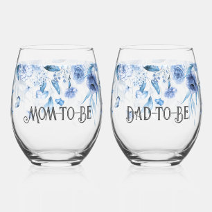Charming Baby Blue Floral Drop l Mom & Dad-to-Be Stemless Wine Glass