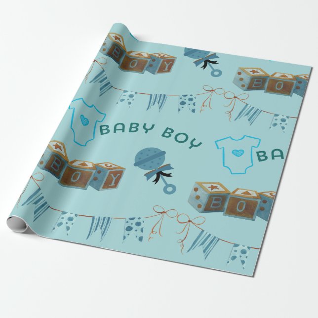 Charming Baby Boy Baby Showers and Newborn Gifts Wrapping Paper (Unrolled)