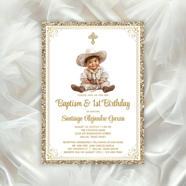 Charming Baby Charro Gold Baptism & Birthday Invit Invitation (Adorable baby charro baptism invitation, You can change all text, move baby, move/remove cross/)