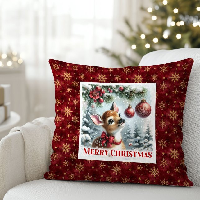 Charming baby fawn festive winter scene Christmas  Cushion (Charming baby fawn festive winter scene Christmas pillow)