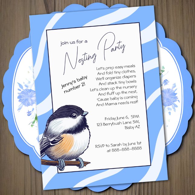 Charming Baby Shower Chickadee Blue Nesting Party Invitation (Sweet chickadee bird nesting party invitation in sky blue and white, baby shower alternative)