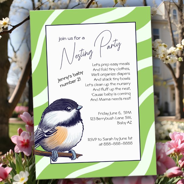 Charming Baby Shower Chickadee Green Nesting Party Invitation (Chickadee Nesting Party Invitation with playful poem & soft green stripes for supportive baby shower)