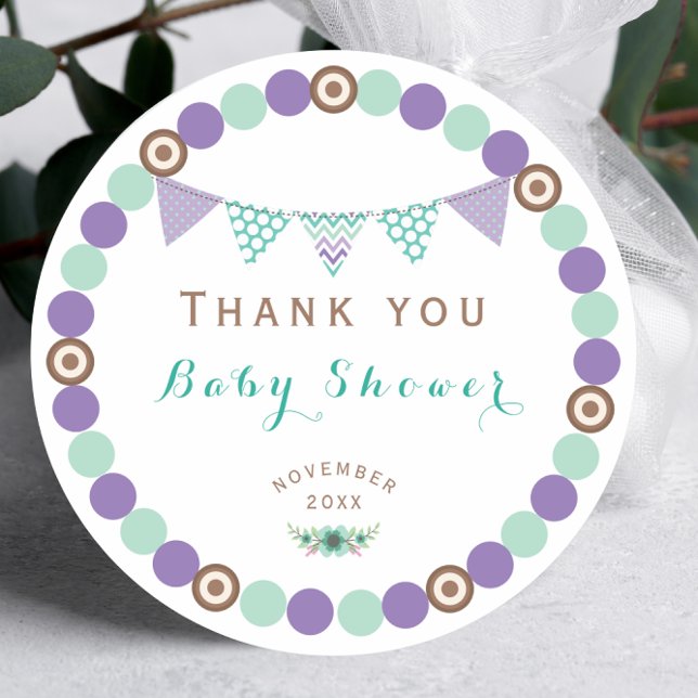 Charming Baby Shower Pennant Banner Thank You Classic Round Sticker (Creator Uploaded)