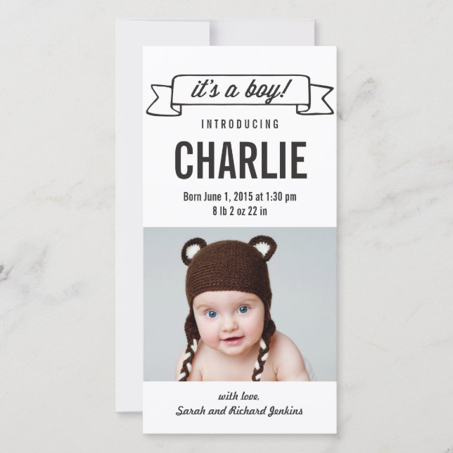 Charming Banner Baby Boy Birth Announcement (Front)