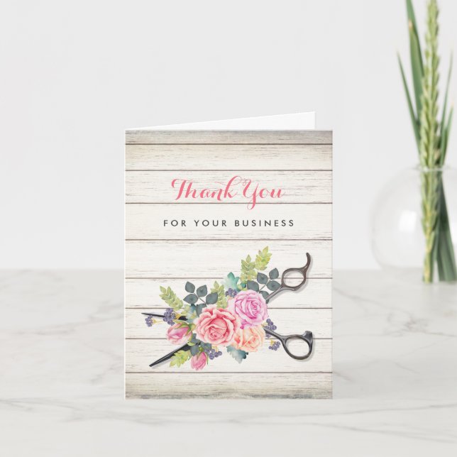 Charming Barn Wood Pink Floral Scissors Hair Salon Thank You Card (Front)