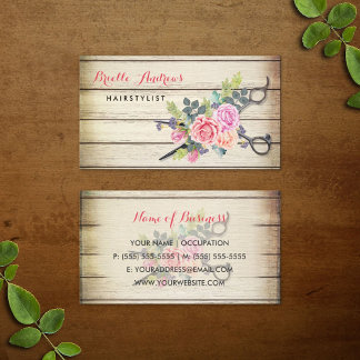 Charming Barn Wood Scissors and Roses Hairstylist Business Card