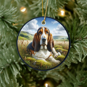 Charming Basset Hound Scene Ceramic Tree Decoration