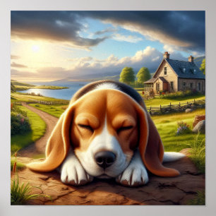 Charming Beagle in a Rustic Countryside Scene Poster