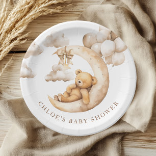 Charming Bear Over the Moon Baby Shower Neutral Paper Plate