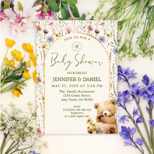 Charming Beige Floral Arch Bear Baby Shower Invitation