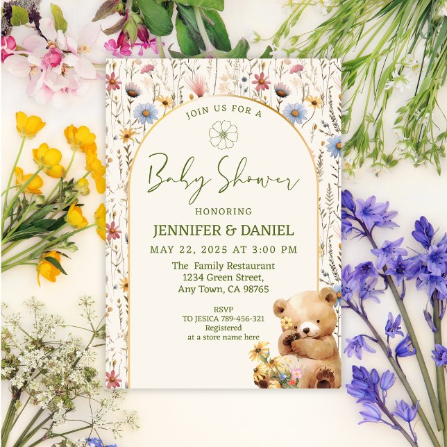 Charming Beige Floral Arch Bear Baby Shower Invitation (Creator Uploaded)