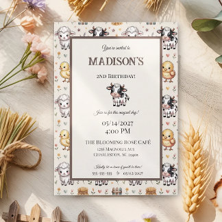 Charming Beige Watercolor Farmyard Cow Birthday Invitation