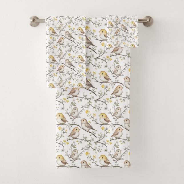 Charming Bird and Blossom Pattern Bath Towel Set (Insitu)