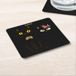 Charming Black Cats Yellow Eyes  Square Paper Coaster