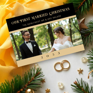 Charming Black & Gold Minimalist Newlyweds Photo Holiday Card