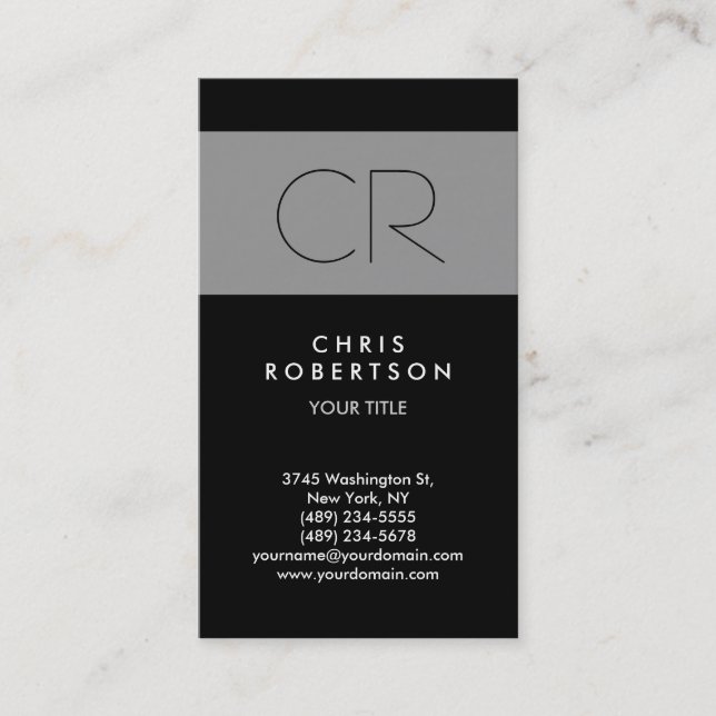 Charming Black Grey Stripe Monogram Business Card (Front)