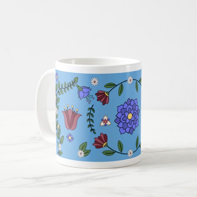 Charming Blue and Floral Folk Art Mug (Front Left)