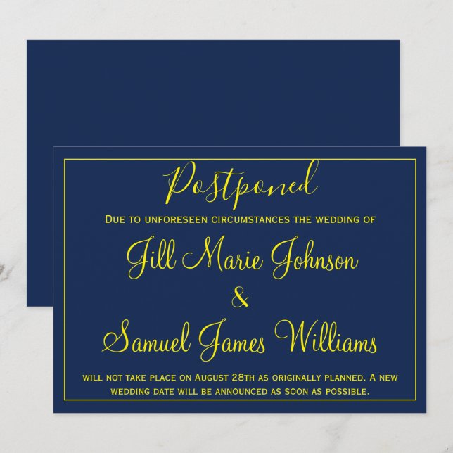 Charming blue and yellow wedding change of plans invitation (Front/Back)