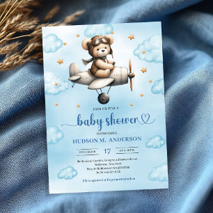Charming Blue Brown Teddy Bear Pilot Baby Shower Invitation