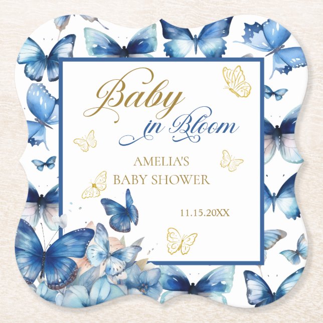 Charming Blue Butterfly Baby in Bloom Baby Shower Paper Coaster (Front)