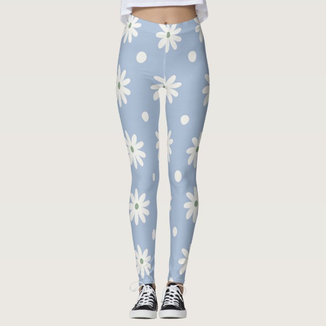 Charming Blue Daisy and Polkadot Leggings (Front)