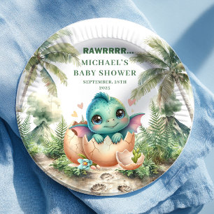 Charming Blue Dino Baby Shower Hatching Soon Plate