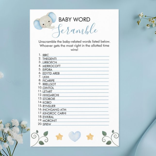 Charming Blue Elephant Baby Shower Word Scramble Flyer (Creator Uploaded)