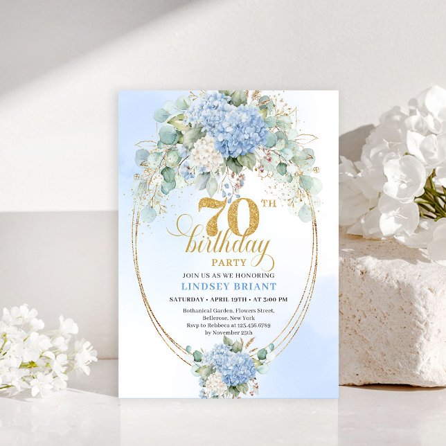 Charming Blue Hydrangeas Gold 70th Birthday Invite (Charming Blue Hydrangeas Gold 70th Birthday Invite

)