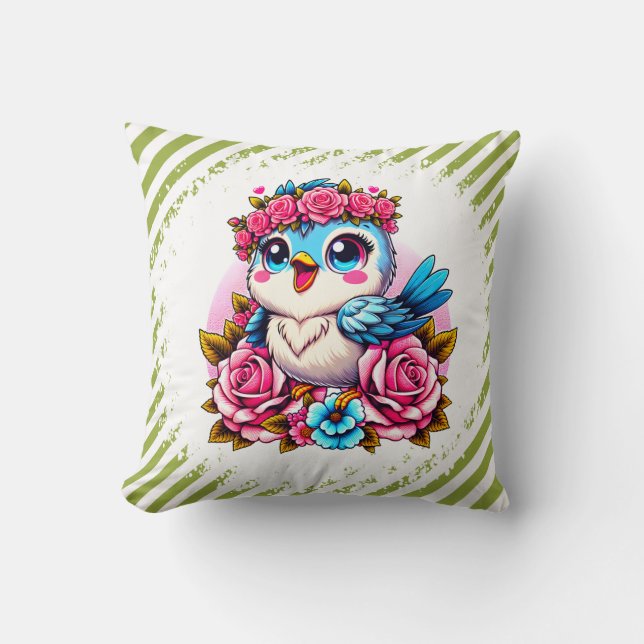 Charming Blue Owl with Roses Cushion (Front)